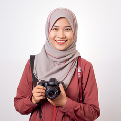 Happy female Malay tourist holding a camera
