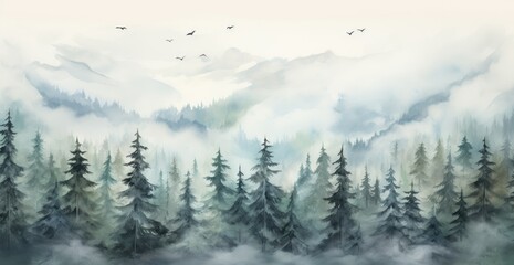 Foggy landscape with spruce forest - obrazy, fototapety, plakaty