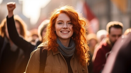 Portrait of a caucasian redhead ginger woman marching in protest with a group of people in city street