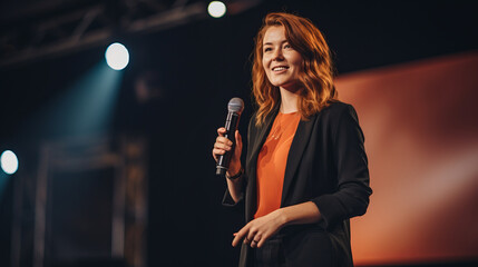 Redhead ginger caucasian businesswoman delivering a powerful keynote address at a conference standing on stage with confidence addressing a diverse audience with her insights in the business world - obrazy, fototapety, plakaty