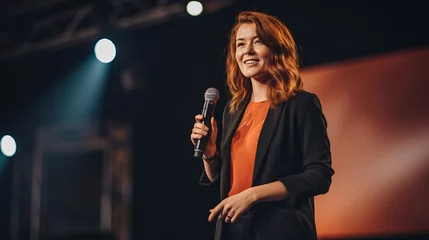 Foto op Plexiglas Redhead ginger caucasian businesswoman delivering a powerful keynote address at a conference standing on stage with confidence addressing a diverse audience with her insights in the business world © Keitma