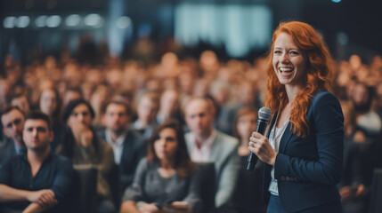 Redhead ginger caucasian businesswoman delivering a powerful keynote address at a conference standing on stage with confidence addressing a diverse audience with her insights in the business world - obrazy, fototapety, plakaty