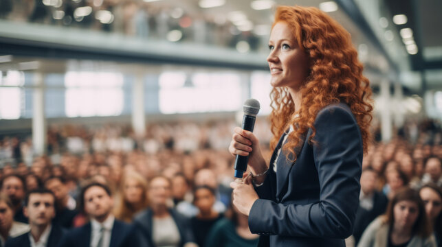 Redhead ginger caucasian businesswoman delivering a powerful keynote address at a conference standing on stage with confidence addressing a diverse audience with her insights in the business world