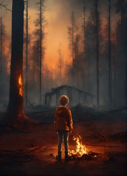 child walking in the park Firemans wearing firefighter turnouts and helmet. Dark background with smoke and blue light