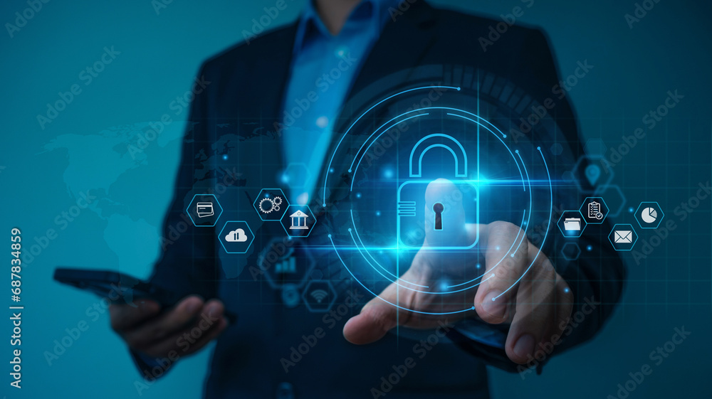 Poster businessman use secure tablet encryption technology, protect business and financial transaction data