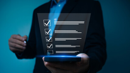 Businessman tick online check correct mark to Standardization Quality management with Quality Assurance or QA and Quality Control or QC and improvement, Compliance to regulations and standards.