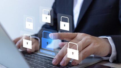Businessman use secure laptop encryption technology, protect business and financial transaction...
