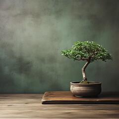 Bonsai tree in pot on wood table copy space texture backgrond advertising