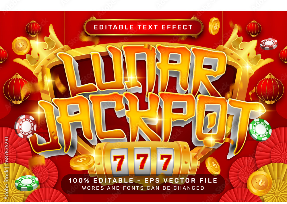 Poster lunar jackpot 3d text effect and editable text effect with lanterns and chinese ornaments