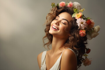 Young smiling woman with flowers on beige background. Banner with copy space.
