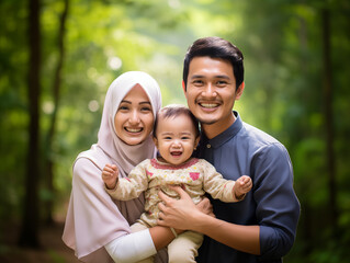 Happy Malay Family in the park - obrazy, fototapety, plakaty
