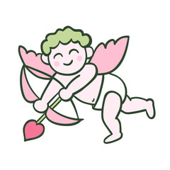 Funny Cupid or Amur flying and hunting with bow and arrow isolated on white. Sketch of light pink and green color in doodle style. Vector picture for Valentine's Day design, romantic illustration.