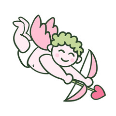 Funny Cupid shooting with bow and heart shaped arrow on white background. Sketch of light pink and green color in doodle style. Vector picture for Valentine's Day card design, romantic illustration.