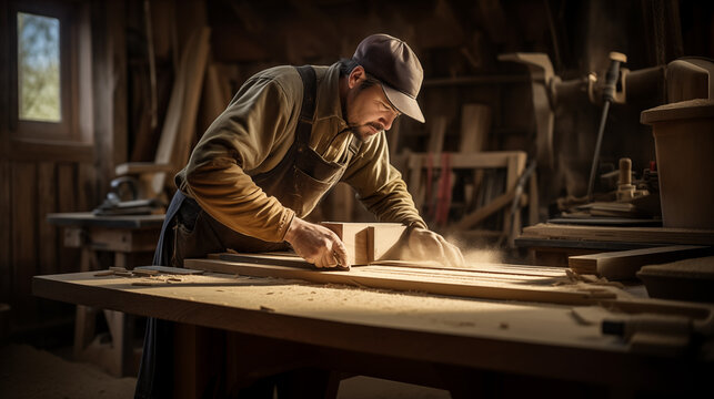 A carpenter is working, cutting the wood.