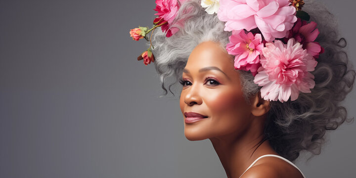 An mature African-American with flowers in her hair on a gray background.