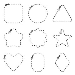 Set cut here shapes. Scissor cutting line symbol vector illustration.