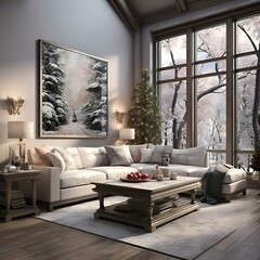 New Year and Christmas interior in a classic style, a room with high ceilings and furniture, paintings on the walls and large windows. Pastel and warm colors, winter. Generation Ai