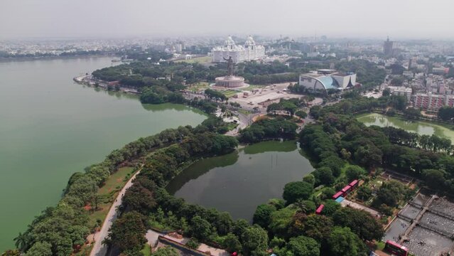 NTR marg near tankbund at hyderabad, telangana with  Ambedkar Statue, secretariate, and prasads multiplex  4k daytime aerial drone shot