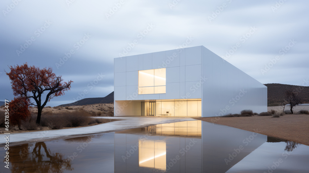 Aufkleber contemporary architectural structure with glowing facade and water reflection. modern design concept