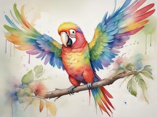 Un loro vibrante y juguetón con un arco iris de plumas de acuarela, posado en una rama y haciendo bromas con sus ingeniosas bromas