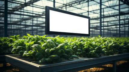 Digital billboard standing over lush greenhouse vegetation, sunlight filtering through. Advertising concept. Generative AI - obrazy, fototapety, plakaty