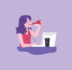 Young woman eat pizza while working at laptop.