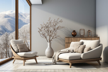 Contemporary living room with snowy view, wooden details, and soft textiles. Winter comfort. Generative AI