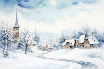 Fototapeta na wymiar Winter village watercolor painting illustration made by generative ai