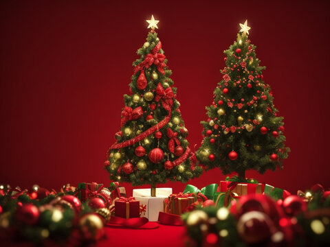 "Radiant Christmas Tree: Festive Ornaments and Bokeh Lights on Red Background ai image" 