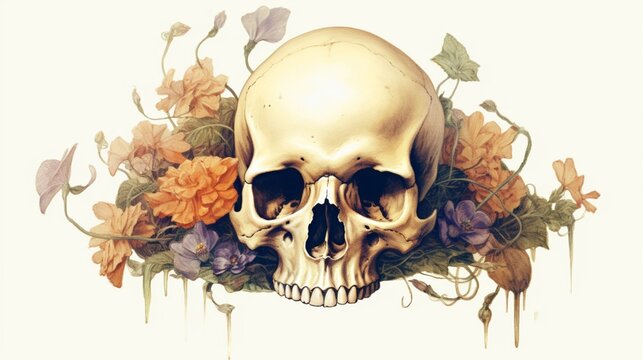 Vintage illustration of skull with flowers Ai Generative