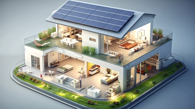 electric clean energy smart home with solar panels roof - Powered by Adobe