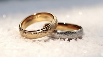 Obraz na płótnie Canvas Wedding rings in the snow Forever Ai Generative