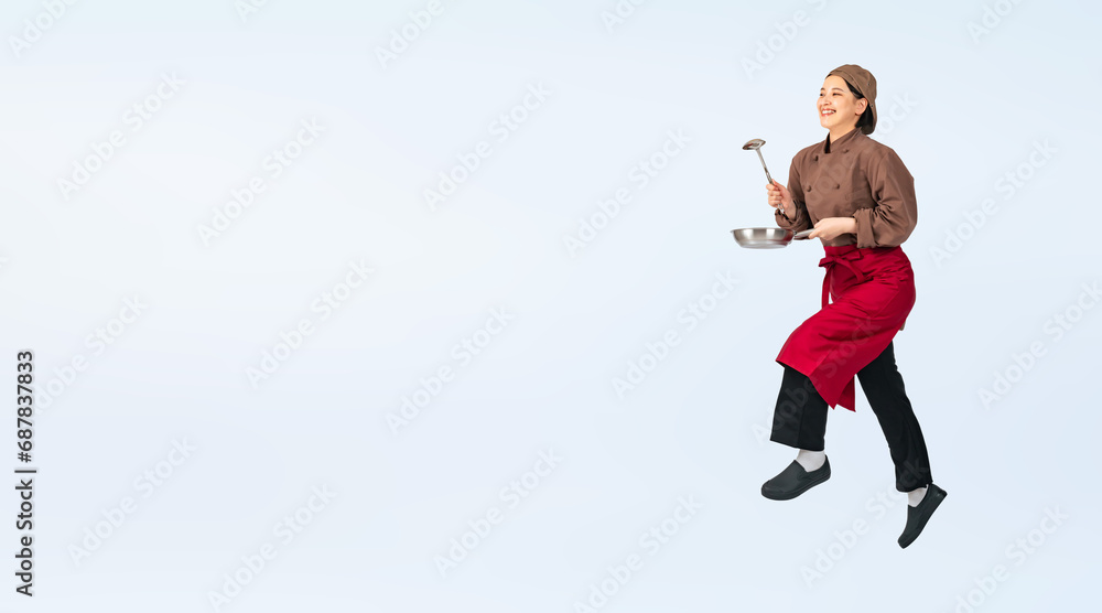 Poster ジャンプする調理服を着た女性　調理師　飲食店店員　切り抜き全身写真（切り抜き背景透過pngも販売しております。作成者リンクから「png」で検索してください）