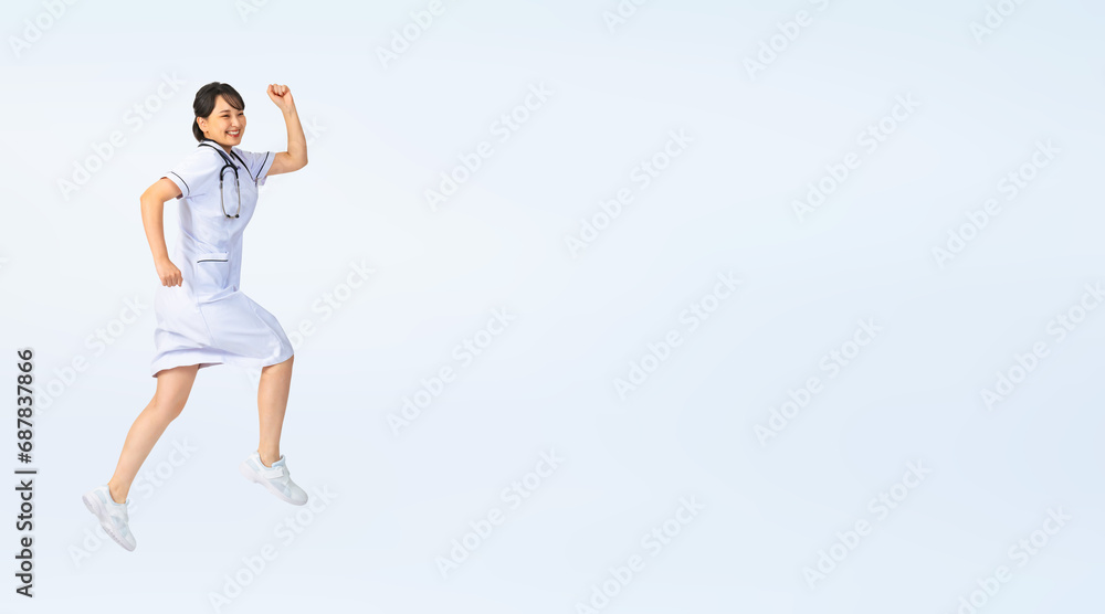 Poster ジャンプする白衣を着た女性　看護師　医師　切り抜き全身写真（切り抜き背景透過pngも販売しております。作成者リンクから「png」で検索してください）