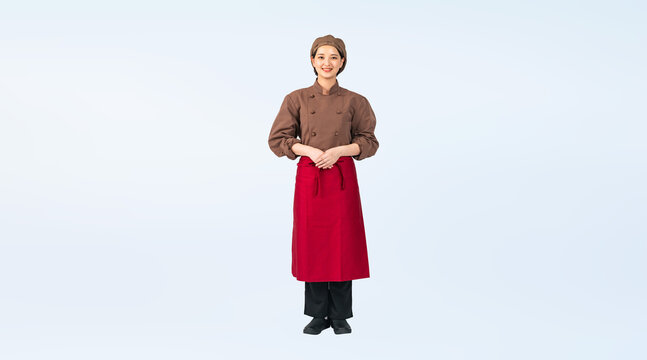 調理服を着た女性　調理師　飲食店店員　切り抜き全身写真（切り抜き背景透過PNGも販売しております。作成者リンクから「PNG」で検索してください）