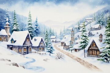 Winter village watercolor painting illustration made by generative ai