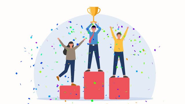 Animation people standing on the podium ranked first three places, Employee recognition and competition award winners business style design vector illustration.