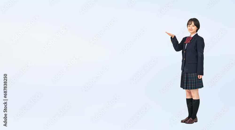 Poster 案内する制服を着た女子学生　切り抜き全身写真（切り抜き背景透過pngも販売しております。作成者リンクから「png」で検索してください）