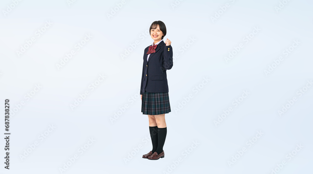 Poster ガッツポーズする制服を着た女子学生　切り抜き全身写真（切り抜き背景透過pngも販売しております。作成者リンクから「png」で検索してください）