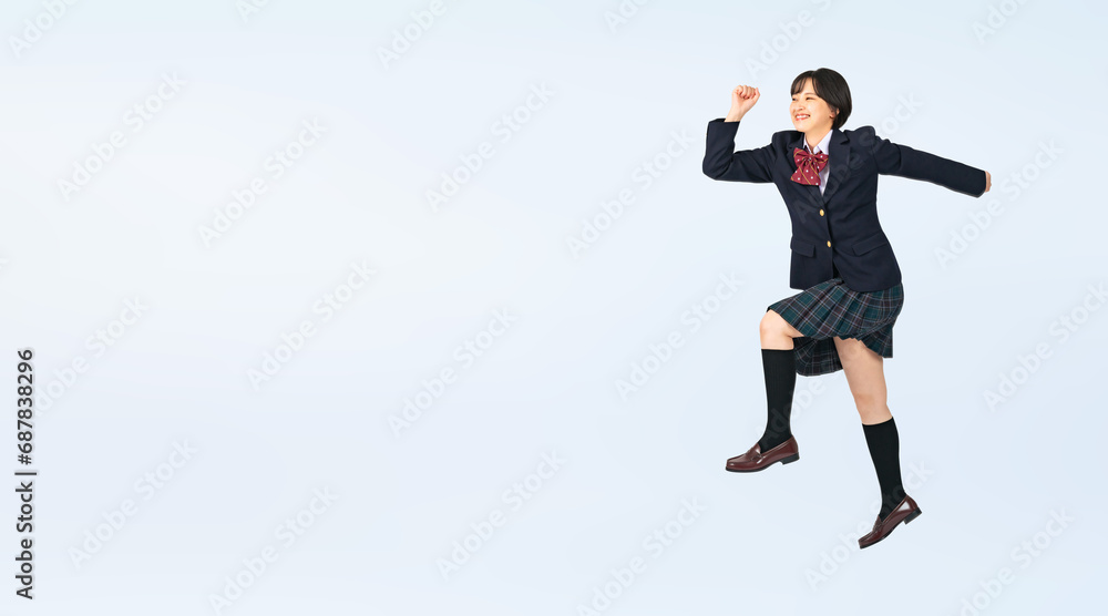 Poster ジャンプする制服を着た女子学生　切り抜き全身写真（切り抜き背景透過pngも販売しております。作成者リンクから「png」で検索してください）