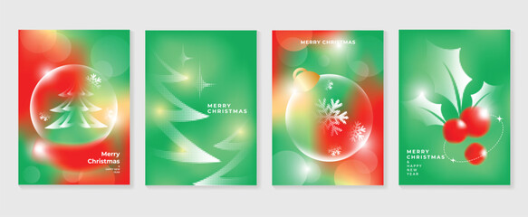 Merry christmas concept poster set. Cute gradient holographic background vector with vibrant color, christmas tree, snowflake, holly. Art trendy wallpaper design for social media, card, banner, flyer.
