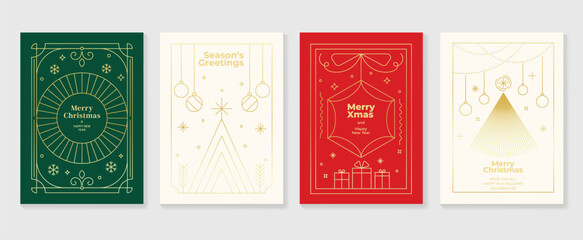 Elegant christmas invitation card art deco design vector. Luxury christmas tree, bauble ball, gift line art on green, white and red background. Design illustration for cover, poster, wallpaper.