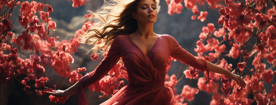 Wide fantasy banner image of dancing women model in pink background full of pinkish flowers in freedom   