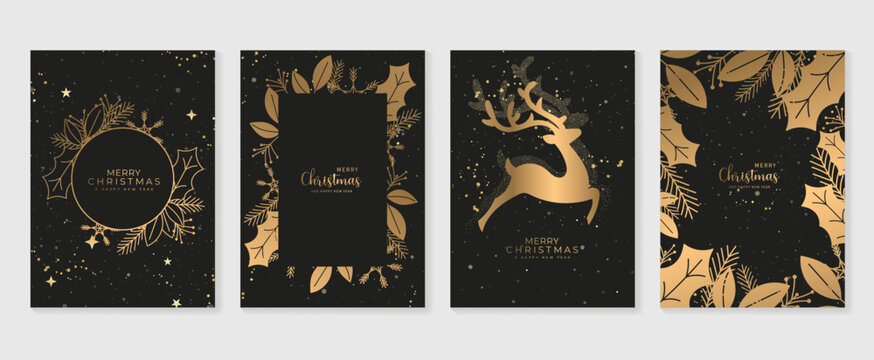 Elegant christmas invitation card art deco design vector. Luxury christmas reindeer, holly, foliage, twinkling star line art on dark background. Design illustration for cover, poster, wallpaper.