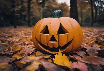 AI generated illustration of a carved orange pumpkin resting on a bed of autumnal foliage