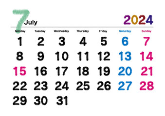 刺繍文字風の2024年7月のカレンダー 月曜始まり