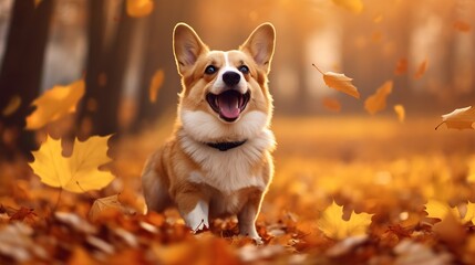 Autumn postcard with a portrait of a smiling corgi dog on a blurred colorful natural background of autumn foliage. Template, copy space.