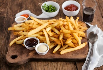 AI generated illustration of golden French fries served with creamy dipping sauces