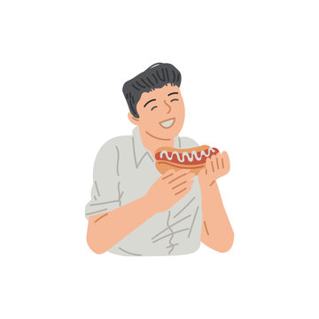 Man is having a snack, cartoon person eating fast food, hot dog, vector worker or employee having bad fat nutrition