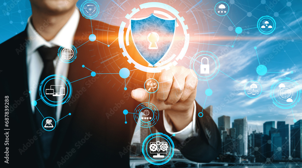 Aufkleber cyber security and digital data protection concept. icon interface showing secure firewall technolog
